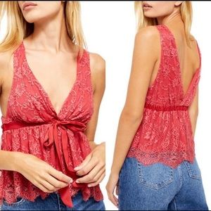 NWT $89 Free People Burnt Red Chante Lace Tank Top Small Frenchie Kiss Deep V